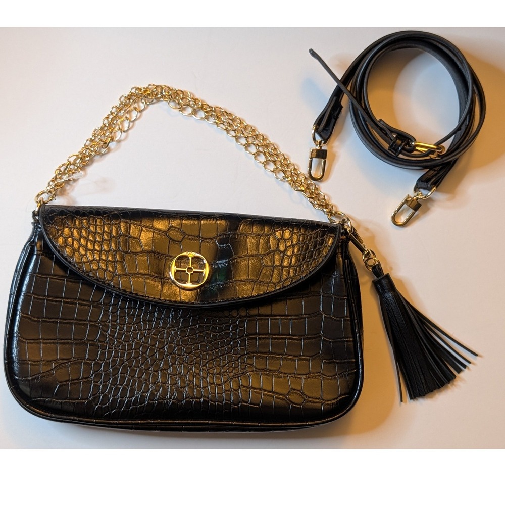 NWOT Iman Black Croco Embossed Vegan Leather Multi-Strap Bag Gold Chain Tassel